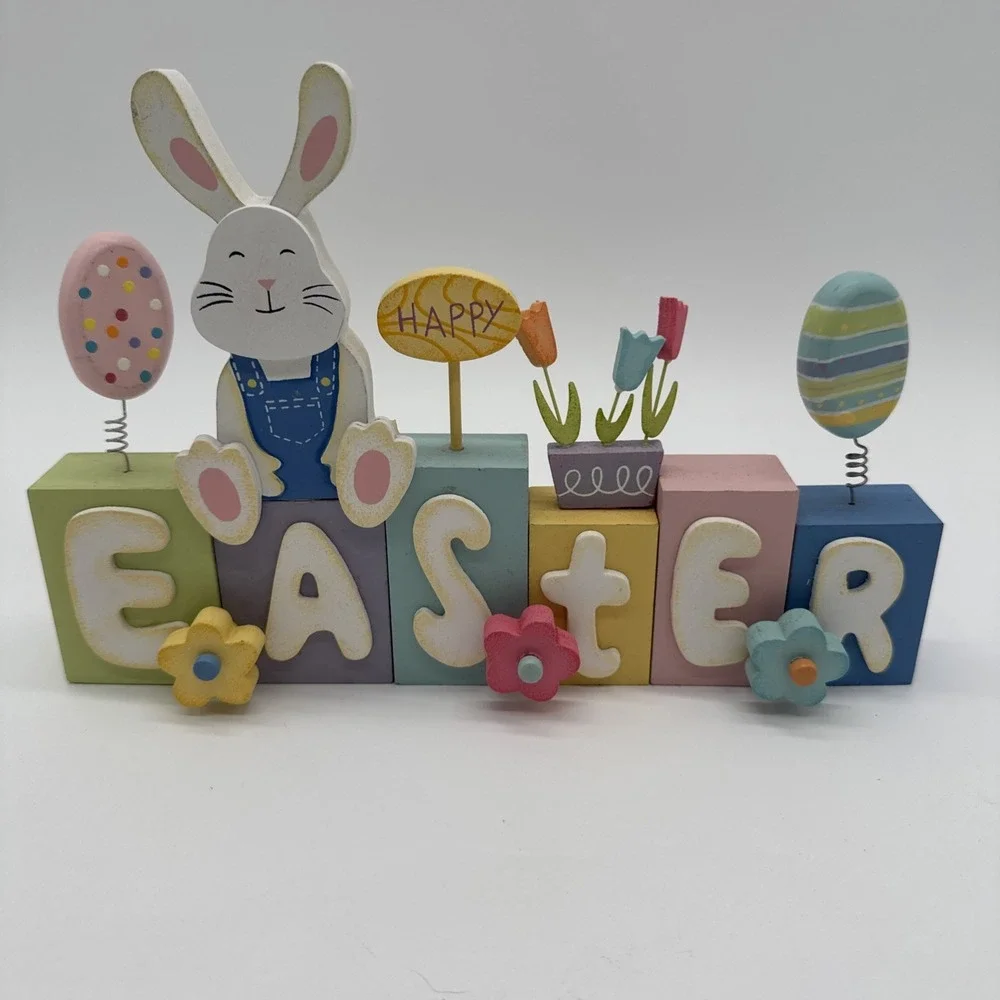WOODEN PAINTED EASTER BUNNY And Eggs FAMILY DECOR 9 1/4